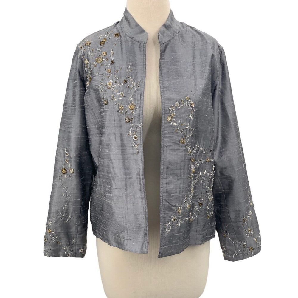 Chico's LS Open Front Lined Silk Cardigan/Jacket Gray‎ Beaded Embroidered 1/Med